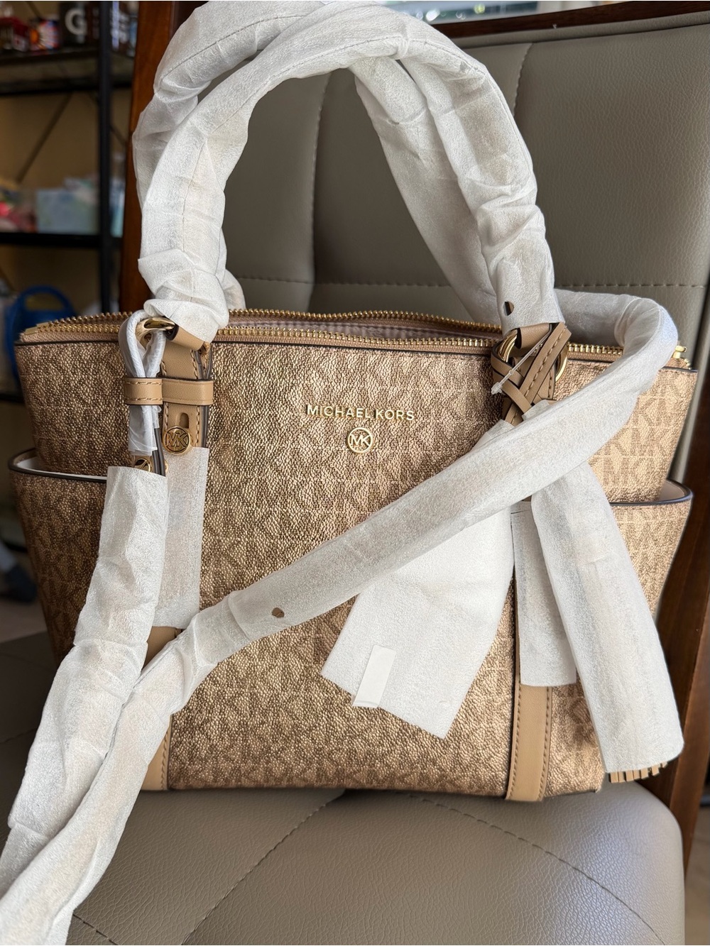 Michael Kors Rare Gold Metallic Monogram Canvas Sullivan Zip Top Satchel New